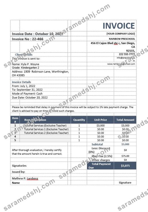School Teacher Invoice Template
